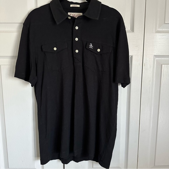 Penguin by Munsingwear Mens Black Polo 2 Button Pocket Sz M Golf Hipster Preppy - Picture 1 of 9